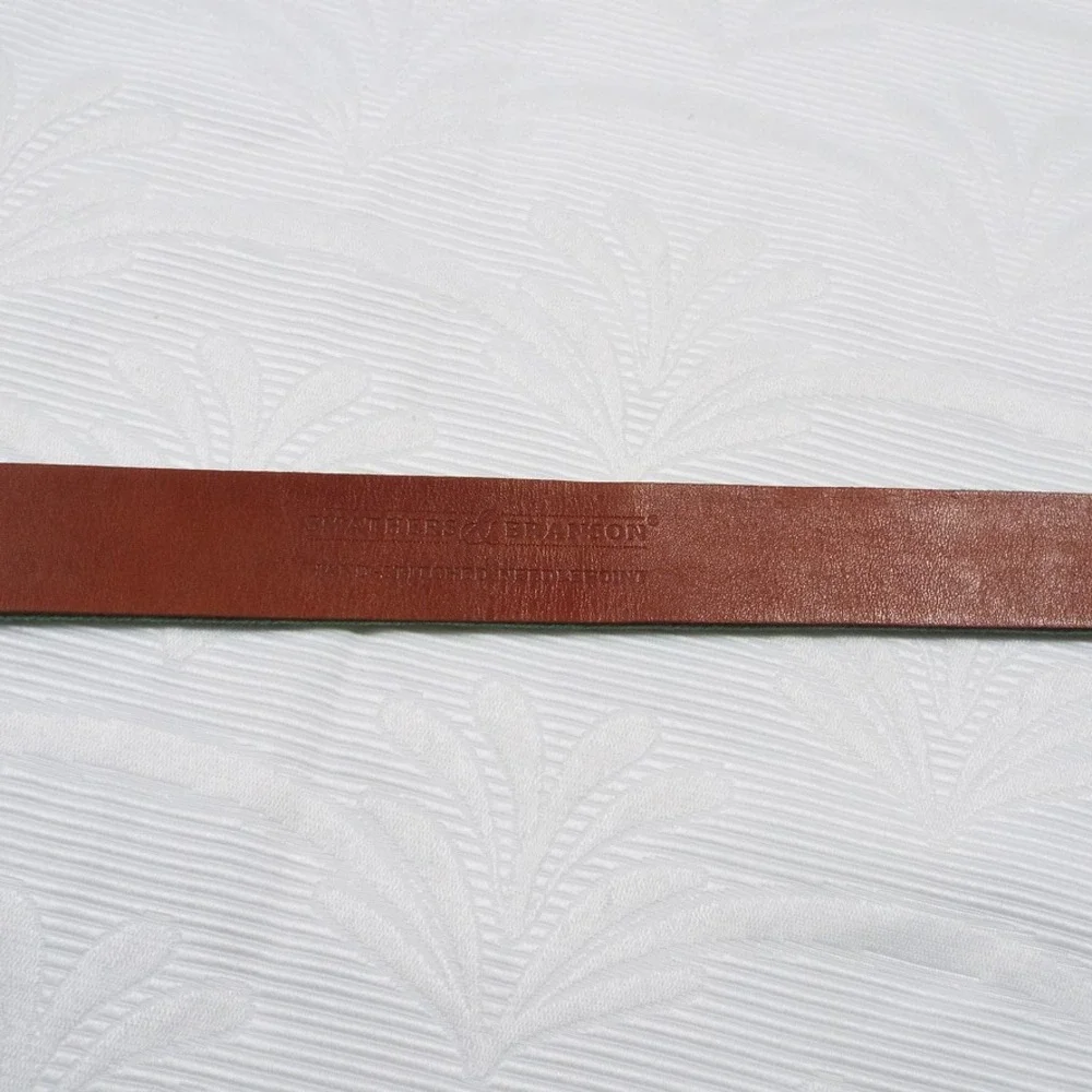 Smathers & Branson Mens Sailboat Needlepoint Belt Green Leather Brass Size 36
